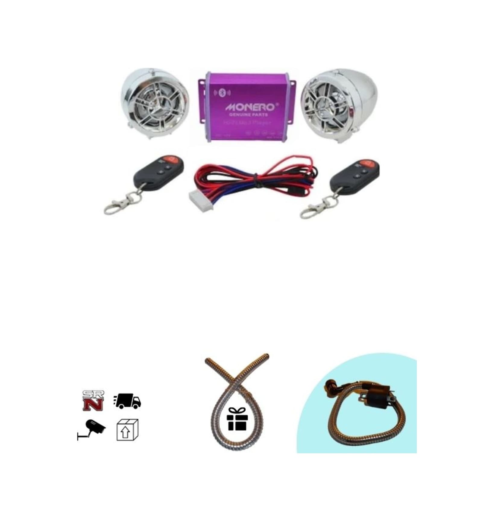 Motosiklet Bluetooth'lu Mp3 Çalar + Alarm Nikel +buji Kablosu Kılıfı