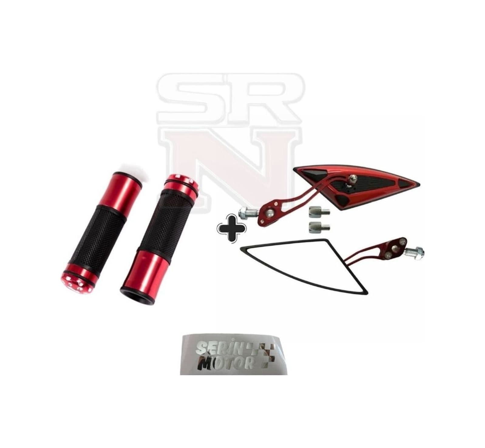 Cg Cup Scooter Üniversal Motosiklet Modifiye Kırmızı Üçgen Yarasa Ayna + Kırmızı Elcik Seti Srnmotor