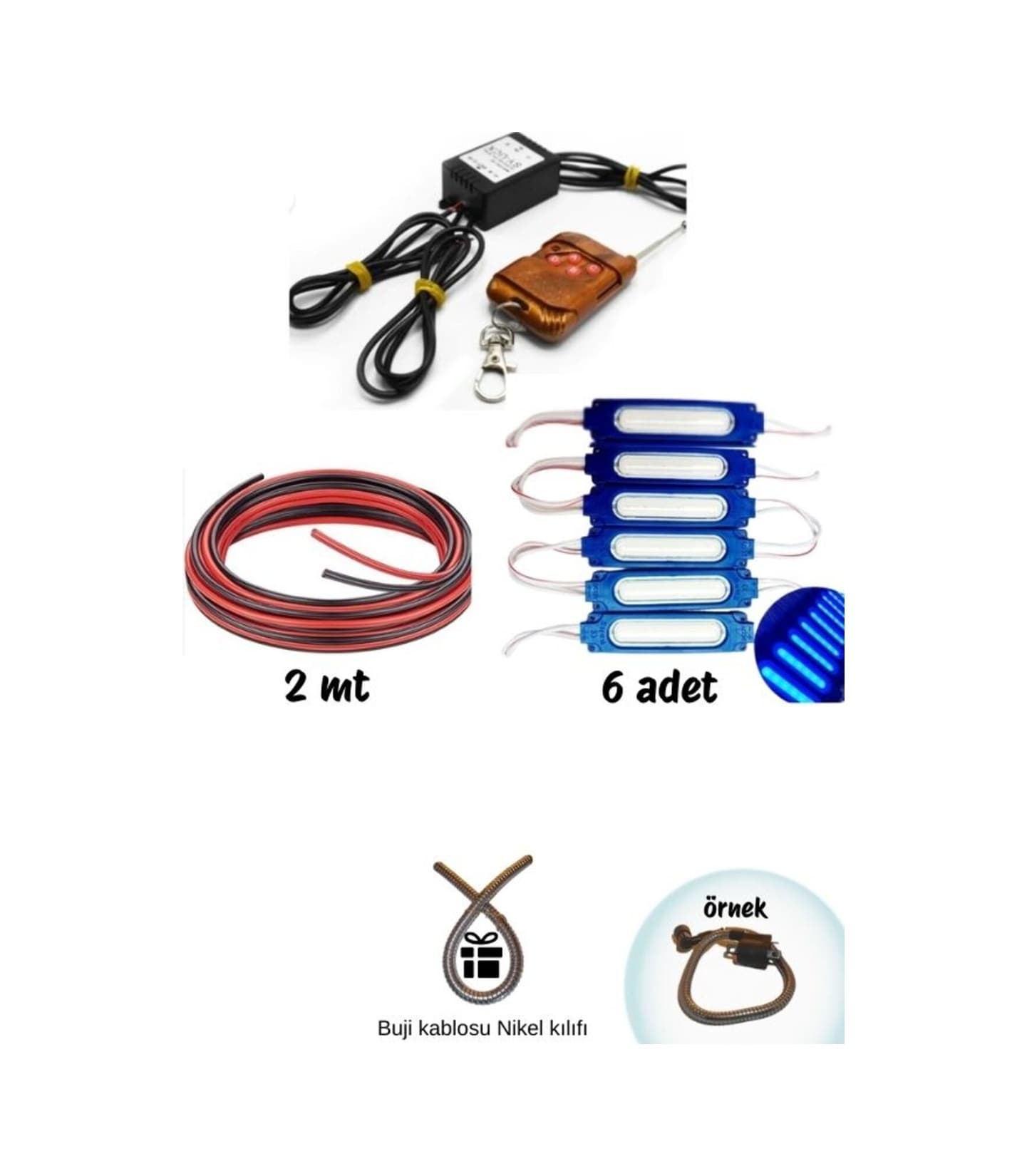 Cg Cup Çift Çıkış Kumandalı Çakar Modül+6 Adet Mavi Led+2mt Kablo Seti Hdiye Buji Kablo Kılıfı