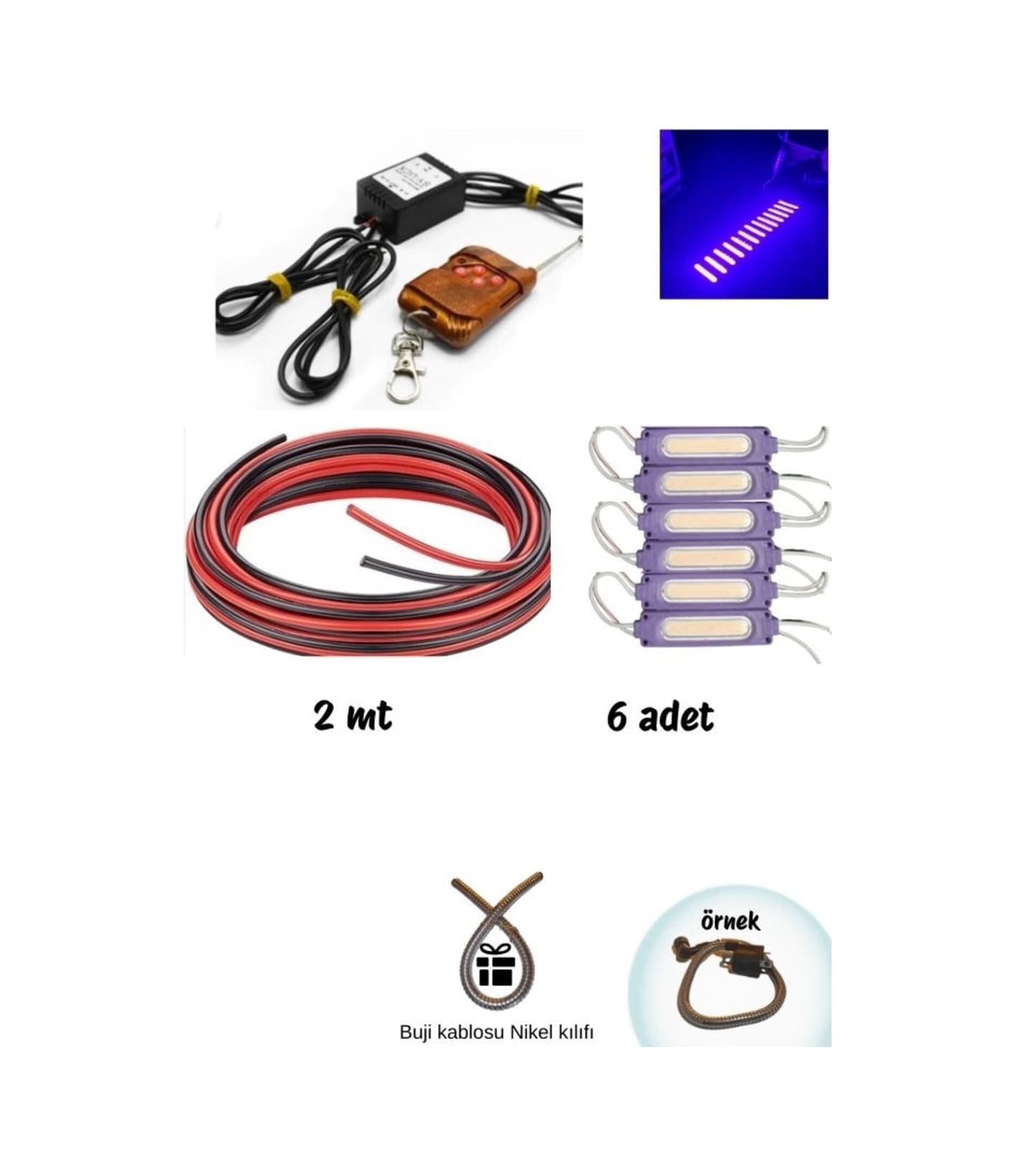 Cg Cup Çift Çıkış Kumandalı Çakar Modül+6 Adet Mor Led+2mt Kablo Seti Hdiye Buji Kablo Kılıfı