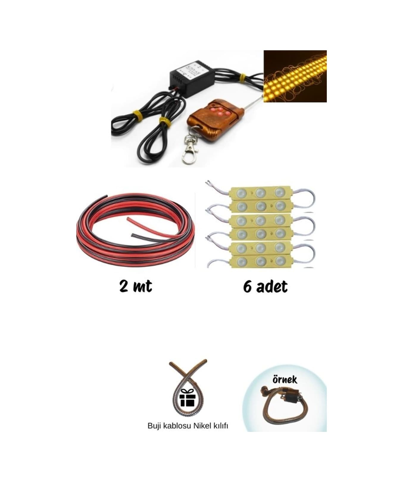 Cg Cup Çift Çıkış Kumandalı Çakar Modül+6 Adet Turuncu Led+2mt Kablo Seti Hdiye Buji Kablo Kılıfı