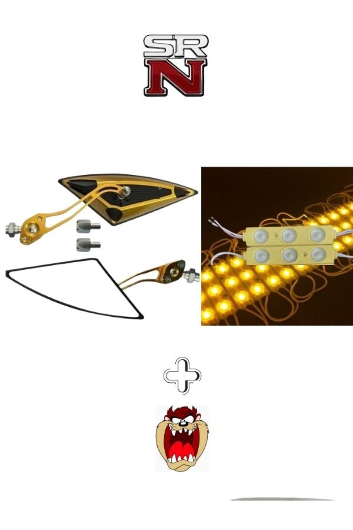 Cg Cup Scooter Motosiklet Gold Üçgen Ayna + 2 adet turuncu led Seti modifiye +Tzmanya