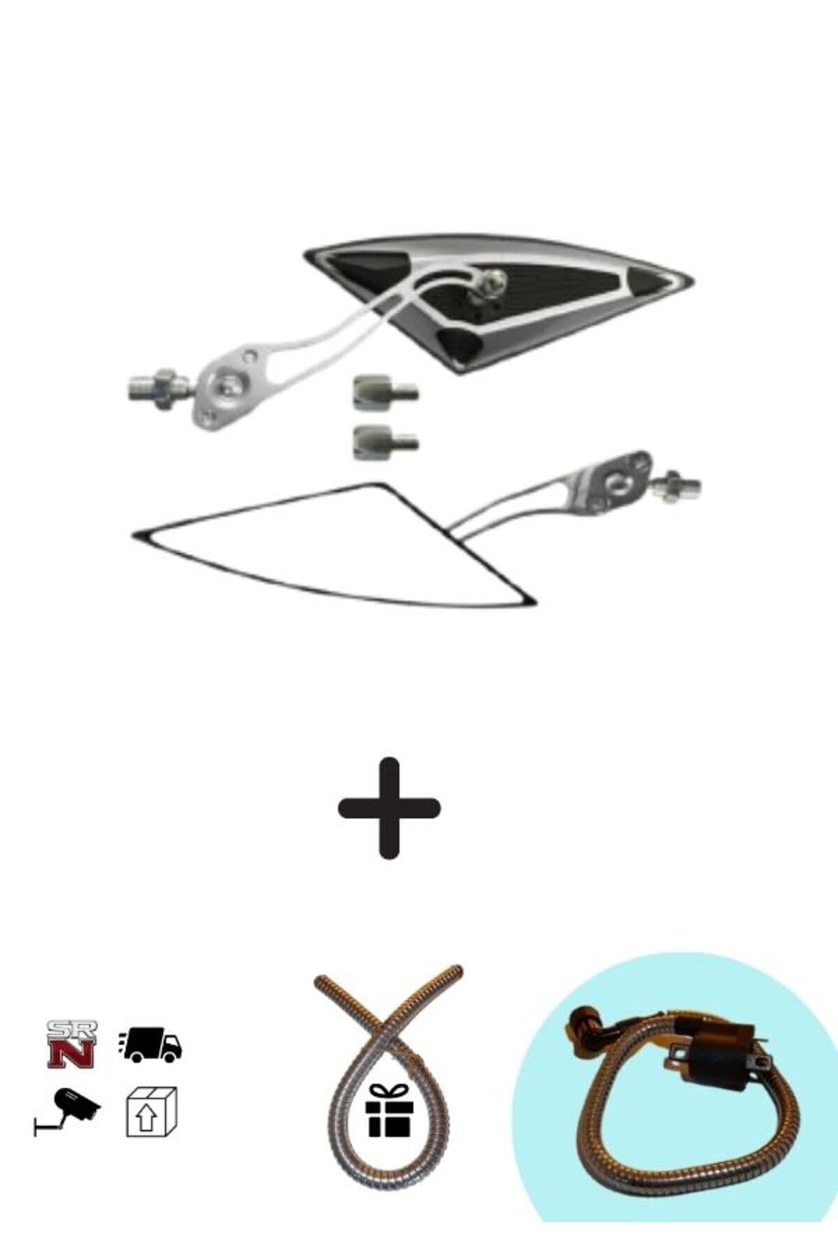 Cg Cup Scooter Motosiklet Modifiye Gri Üçgen Yarasa Ayna Takımı(10mm8mm)+buji kablo kılıfı