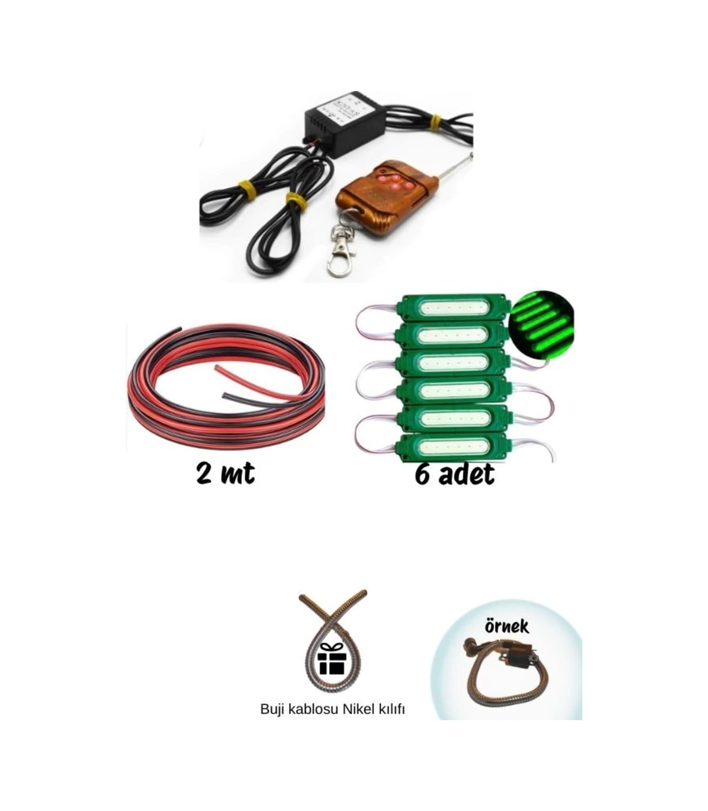 Cg Cup Çift Çıkış Kumandalı Çakar Modül+6 Adet Yeşil Led+ 2mt Kablo Seti Hdiye Buji Kablosu Kılıfı