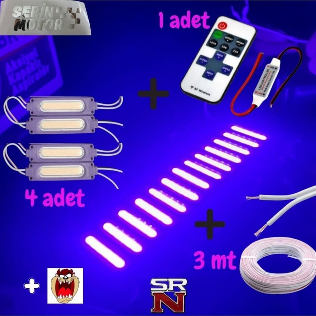 Cg Cup - Çakar Modül Kumanda + 4 Adet Mor Parmak Led + 3 Mt Kablo + Hedye Tzmanya Sticker