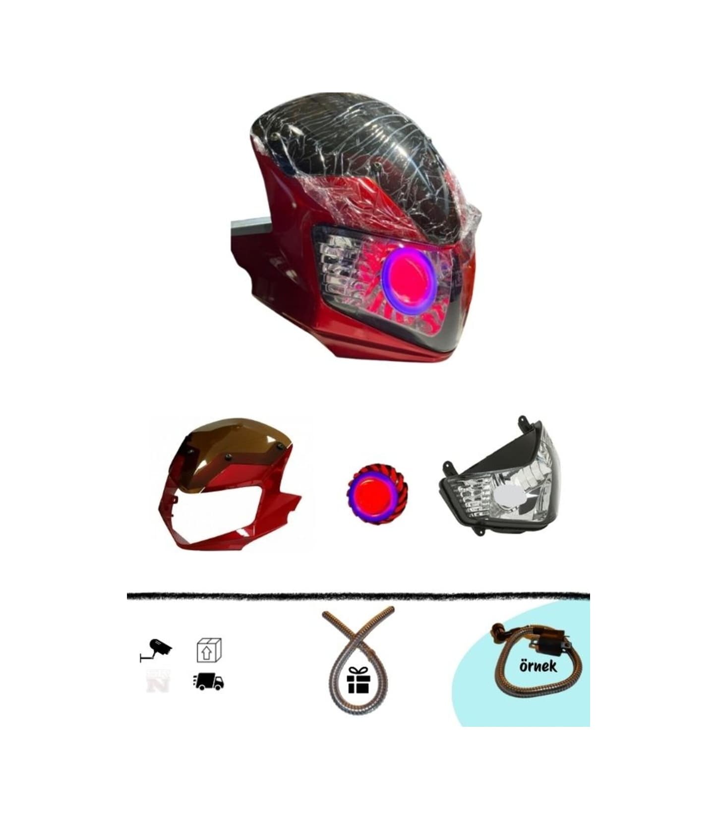 Mh Drift 125 Angel Far Montajlı Komple Far - Kırmızı +buji Kablo Kılıfı