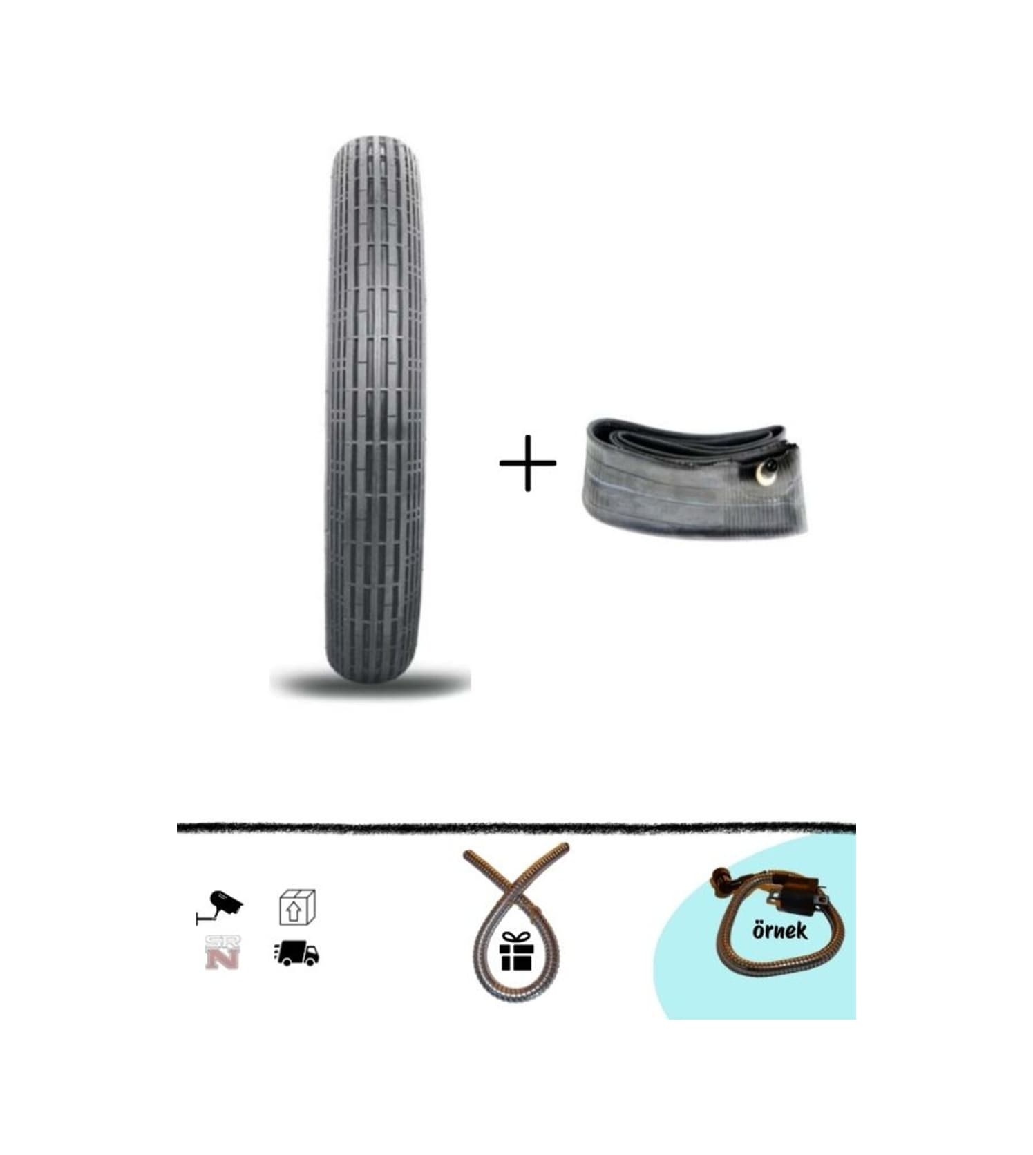 Cg - Cup 2.50x17 Çizgili Ön Lastik İç Dış Set +buji Kablo Kılıfı